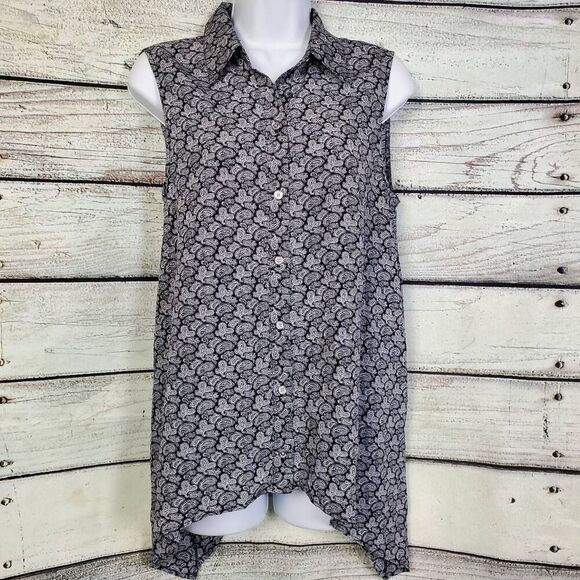 Michael Kors Sleeveless Tunic Top M Black White Paisley Hi-Low Hem Blouse - Picture 1 of 6